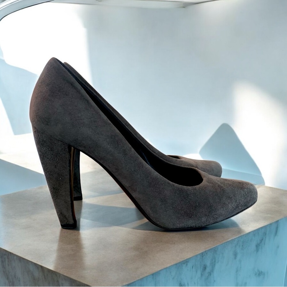 Prada charcoal grey curve arc pumps